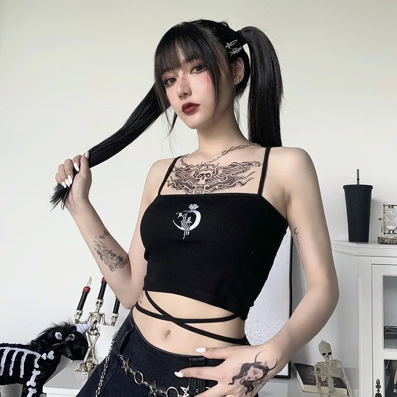 half camisole Gothic Cute Printed Camis Punk Y2K Women Sleeveless Basic Tank Tops Summer Streetwear Harajuku Black Vest cotton camisole