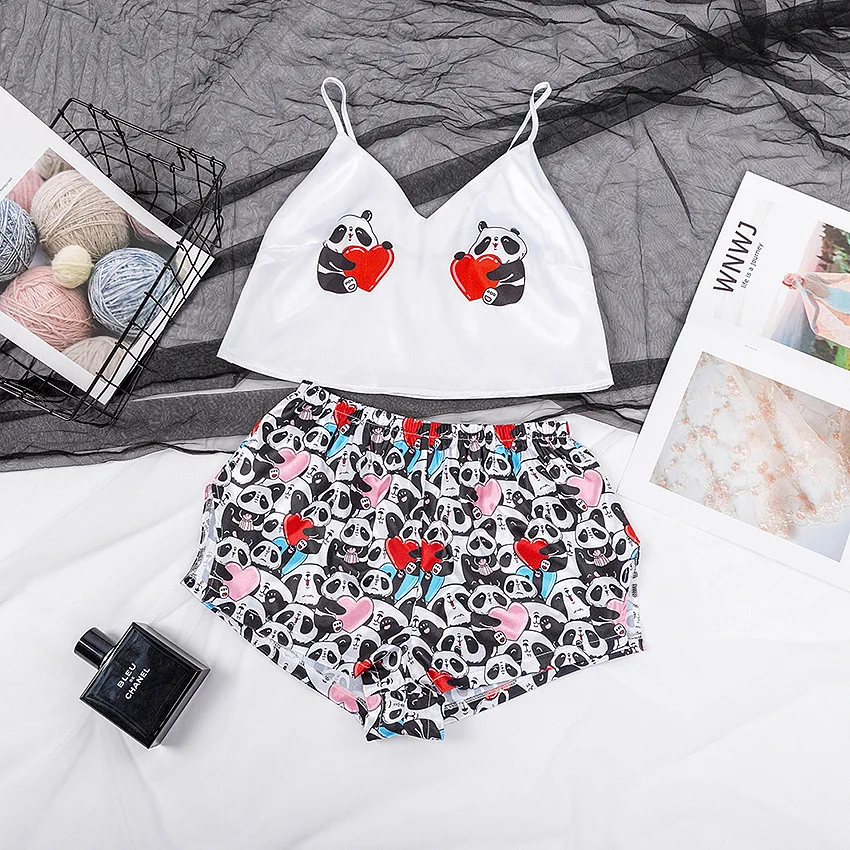 Women Sexy Pajama Sets Animal Cartoon Pattern Print Sleepwear Strap Sleeveless Cami Female Silk Pijamas Night Wear Home Suit women pajamas set,women pajama suit