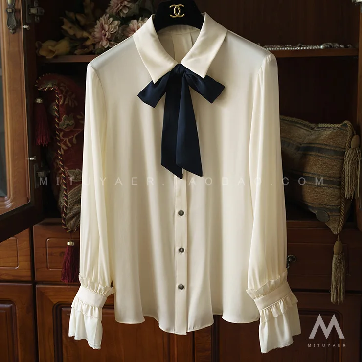 Apricot Chiffon Ladies Blouse Contrast Bow Tie