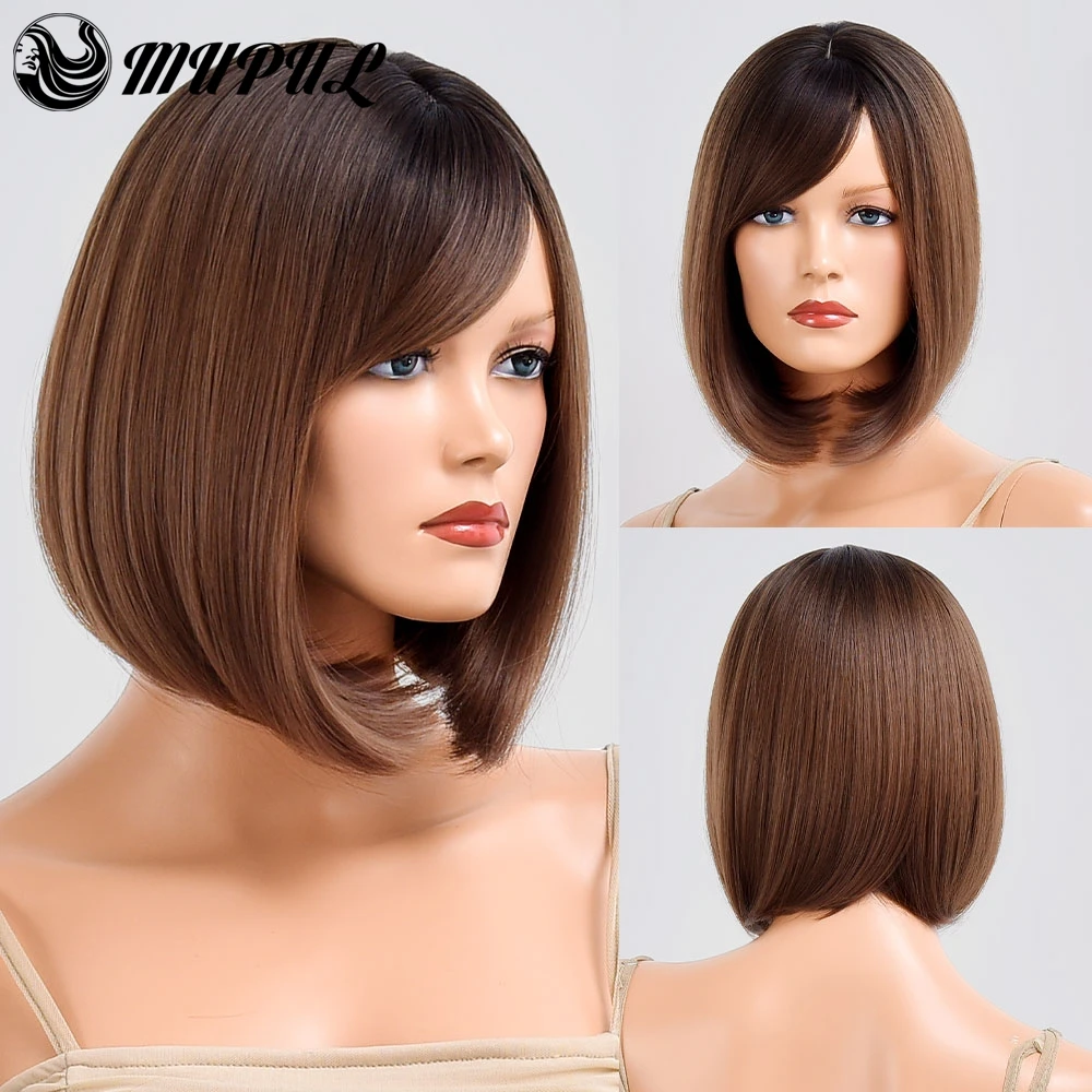 

Brown Short Ombre Bob Straight Hair Synthetic Wig With Bangs For White Women Nutural Heat Resistant Cosplay Female Fiber Wigs