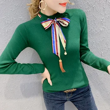 

Korean Fashion O-Neck Bowknot Sweater Women 2019 New Autumn Winter Knitted Sweater Slim Top Pull Femme Bottoming Shirt M99211