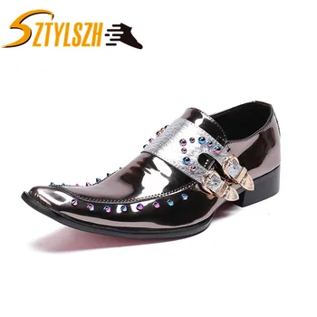 

Italian Brand Mens Formal Shoes Bright Patent Leather Comfortable Double Buckle Straps Rivets Wedding Shoes Zapatos de cuero