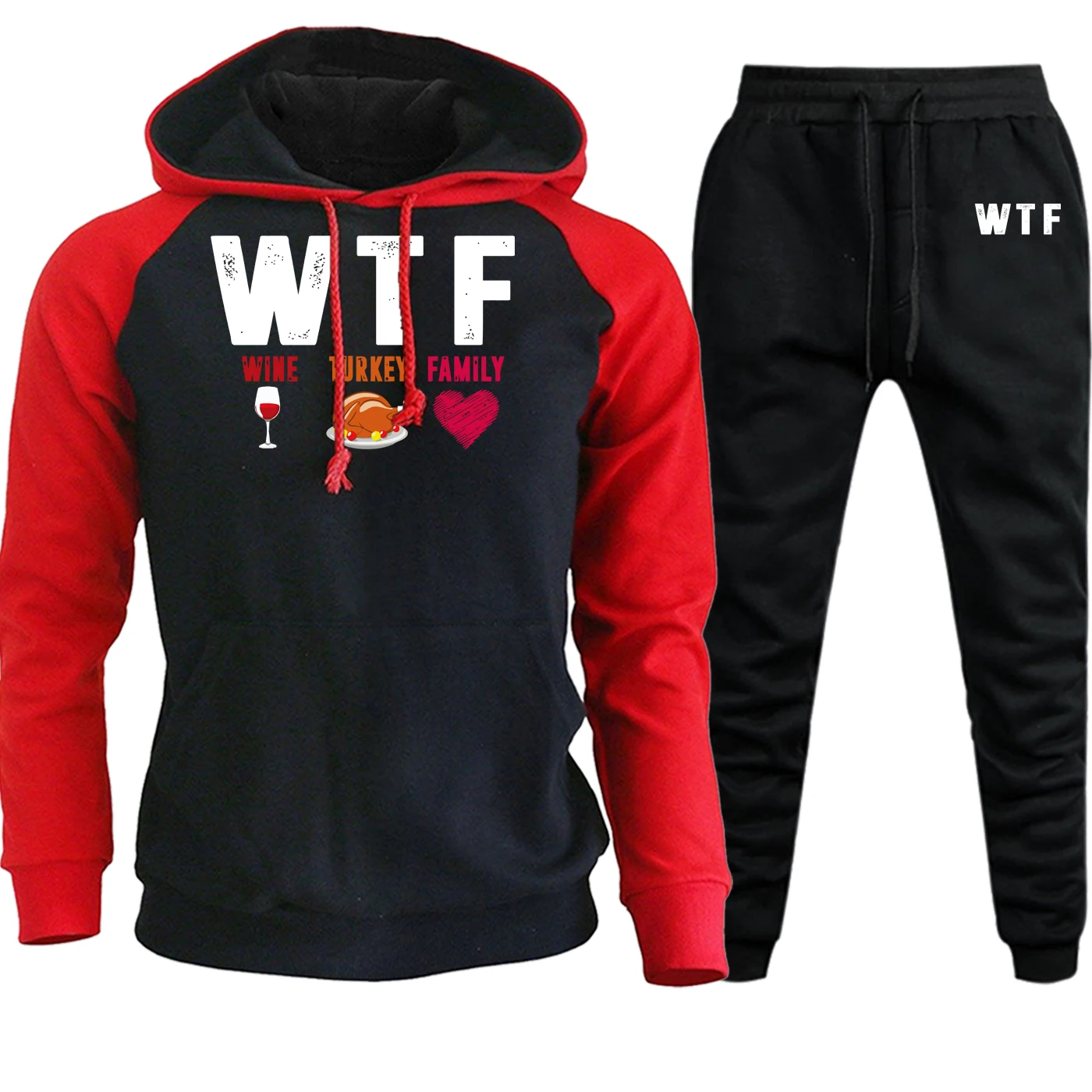 

WTF Wine Turkey Family Streetwear Men Raglan Hooded Autumn Winter 2020 Casual Pullover Suit Male Fleece Hoodie+Pants 2 Piece Set