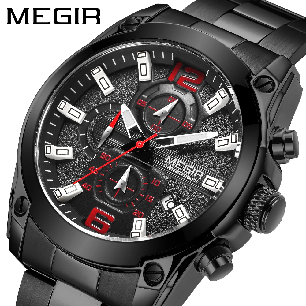 MEGIR Men Watch Business Full Steel Quartz Watches Chronograph Men Casual Waterproof Date Sports Watch Clock Relogio Masculino
