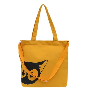 

Black Cat Print Canvas Classic Women Shopping Bags Pure Color Big Capacity Shoulder Bag Autumn Retro Ladies Shopping Bag#LR5