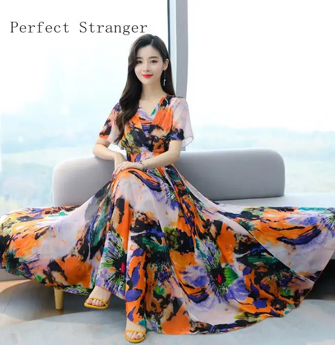 

2021 Spring Summer New Arrival Bohemian Style Flower Printed Short Sleeve Women Chiffon Long Dress M-4XL
