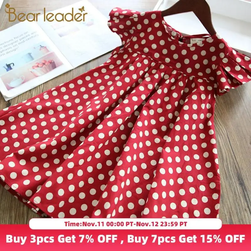Bear Leader Girls Princess Dress 2020 Elegant Polka Dot Open Back Ruffle Tie Bow Vest Costume Kids 3-7Y | Детская одежда и обувь