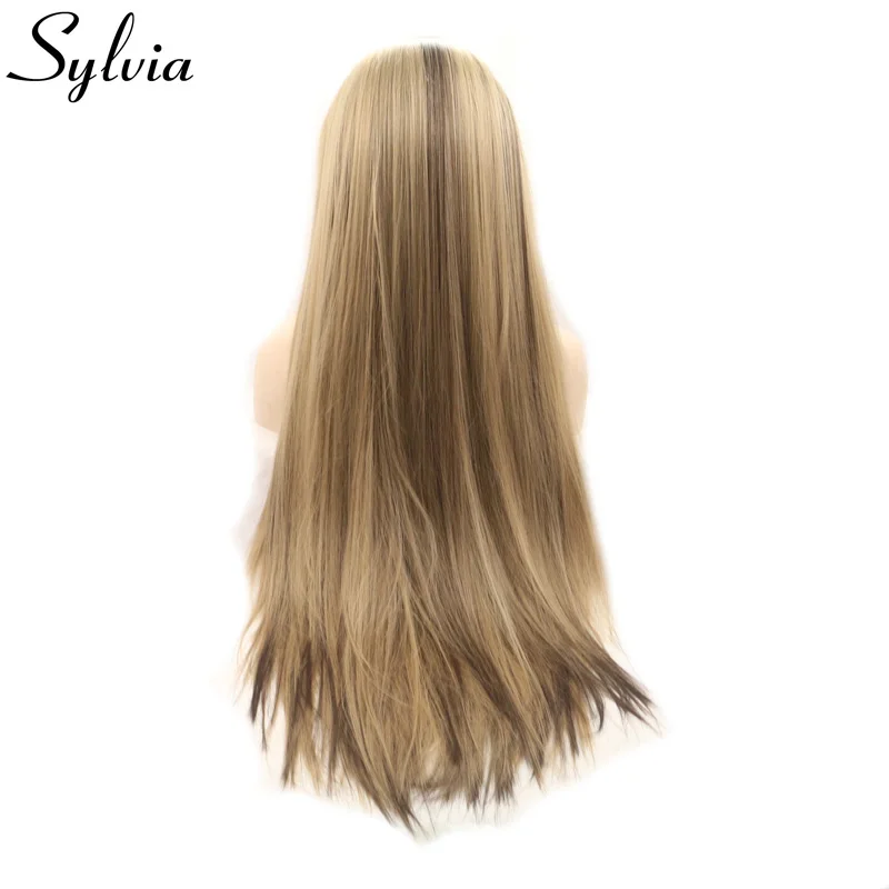 Sylvia блонд смешанные синтетические парики на шнурках спереди средней части длинные шелковистые прямые термостойкие волокна волос для женщин