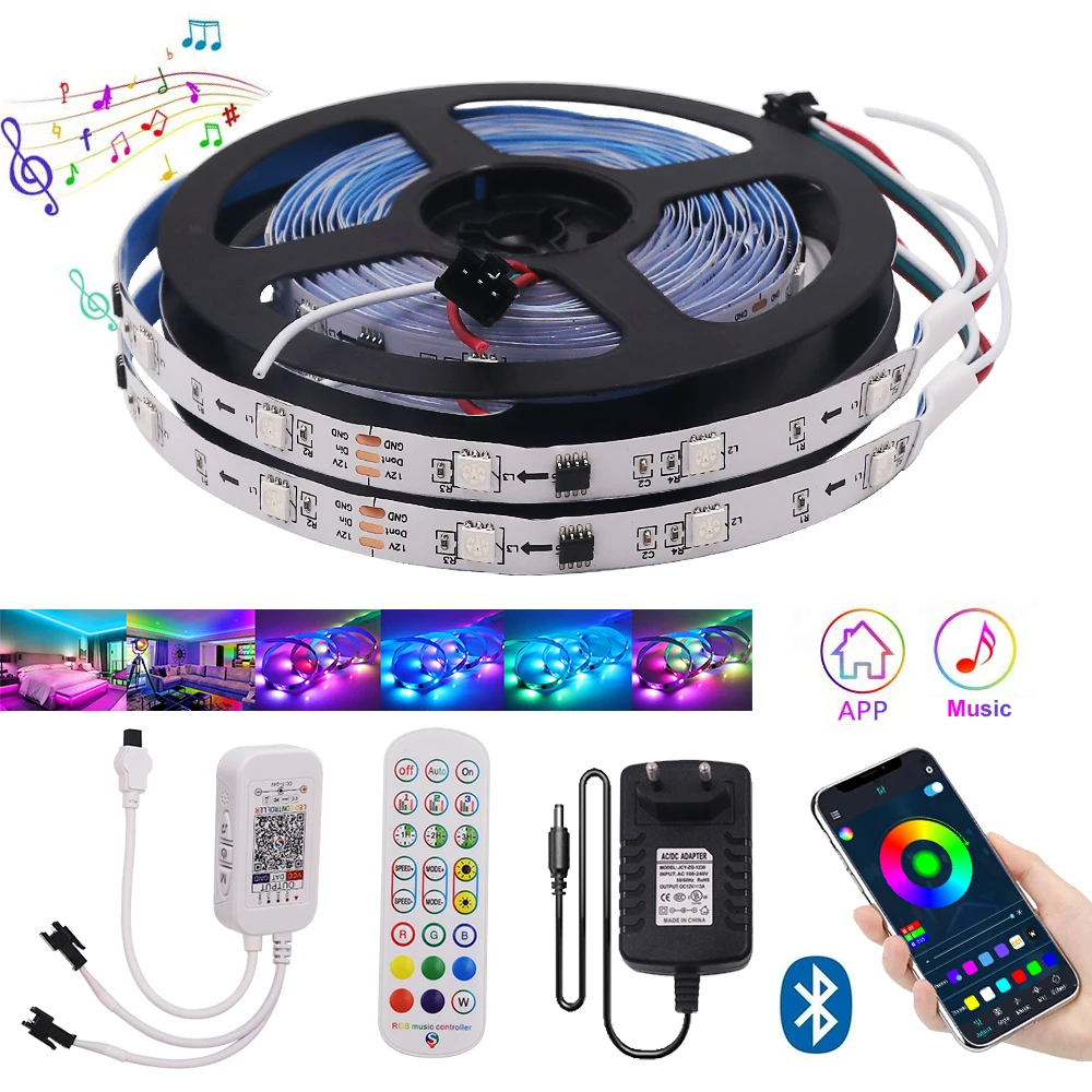 

WS2811 Bluetooth RGB Светодиодная лента 12 В постоянного тока Светодиодная лампа индивидуально Адресуемая Гибкая умная светильник та контроллер адаптер