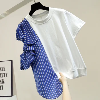 

Irregular Ruffled Splicing Loose T-shirt for Woman Summer Female Cotton Tshirt Women's Tops White T Shirt Blusas Femme