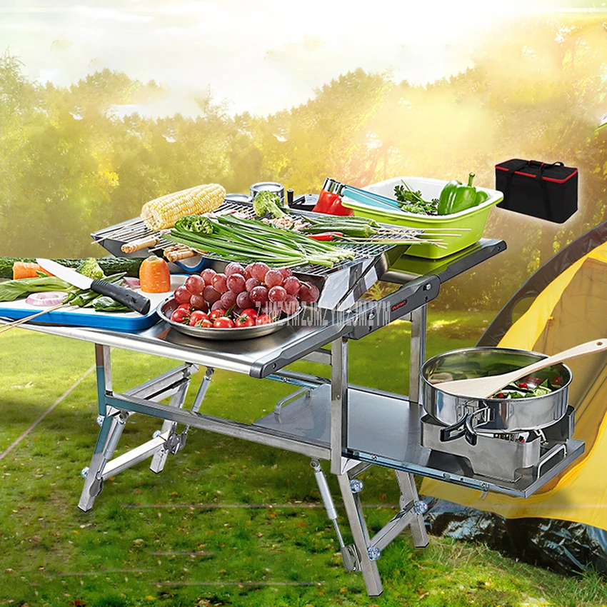  2-6 Person Outdoor Mobile Kitchen Foldable Gas Stove Desk Stainless Steel Desktop Frame For Camping