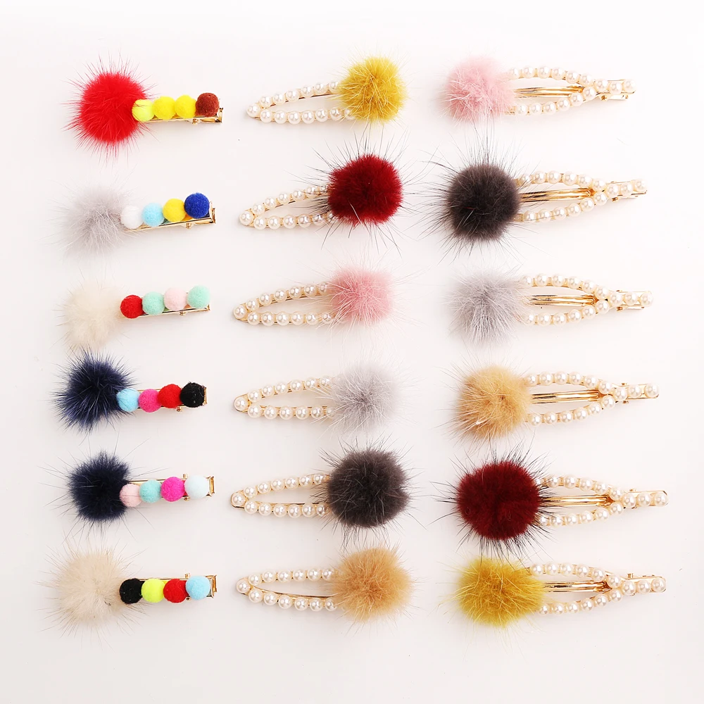 Pearl Hairclip With Small Lovely Soft Fur Pompom Mini Ball Gripper Hairball Pom  Hair Clips Children Girls Hair Accessories