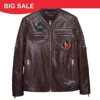 

2020 Brown Men Slim Fit Biker's Leather Jacket Plus Size XXXL Genuine Sheepskin Spring Stand Collar Motorcycle Leather Coat