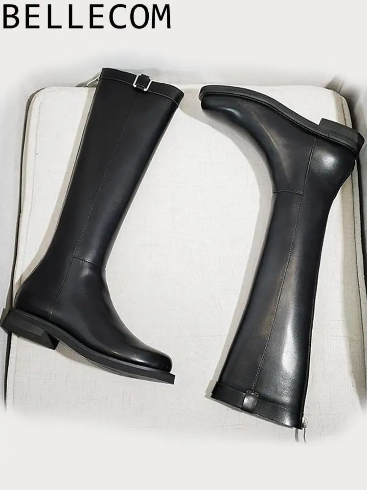 

BELLECOM Knight Boots Belt Buckle Long Cylinder Shoe Circle Head Flat Bottom High Boots Woman Boots England Wind Handsome