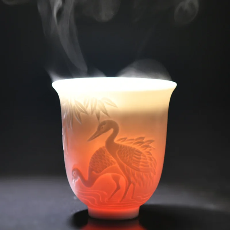 

High White Suet Jade Porcelain Private Customizable Crane Xiangyun Cup Ceramic Master Tea Cup Wine Cup Set Logo