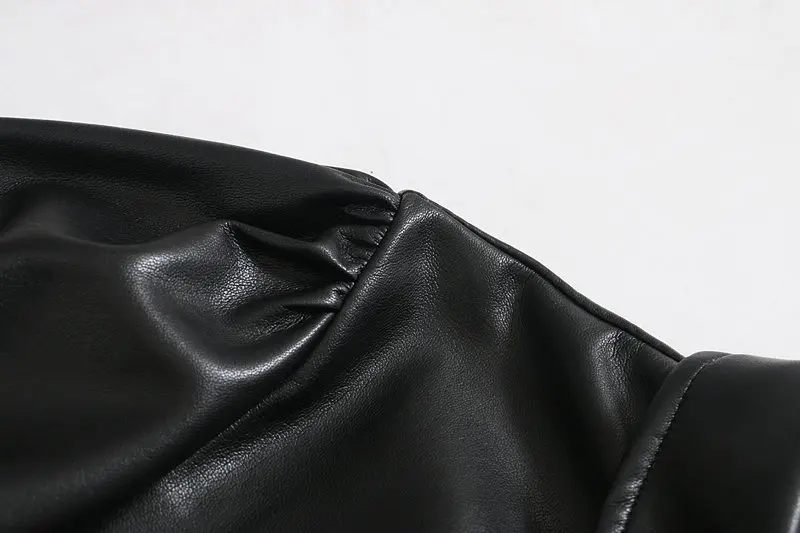 Black Pu Faux Leather Short Sleeve Turn-down Collar Dress