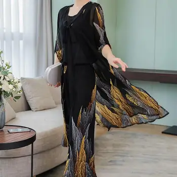 

5Xl Plus Size Chiffon Tank And Cardigan Print Sets Elegant Wide Leg Pants 3 Piece Suit Pattern Autumn Women Thin Outfits