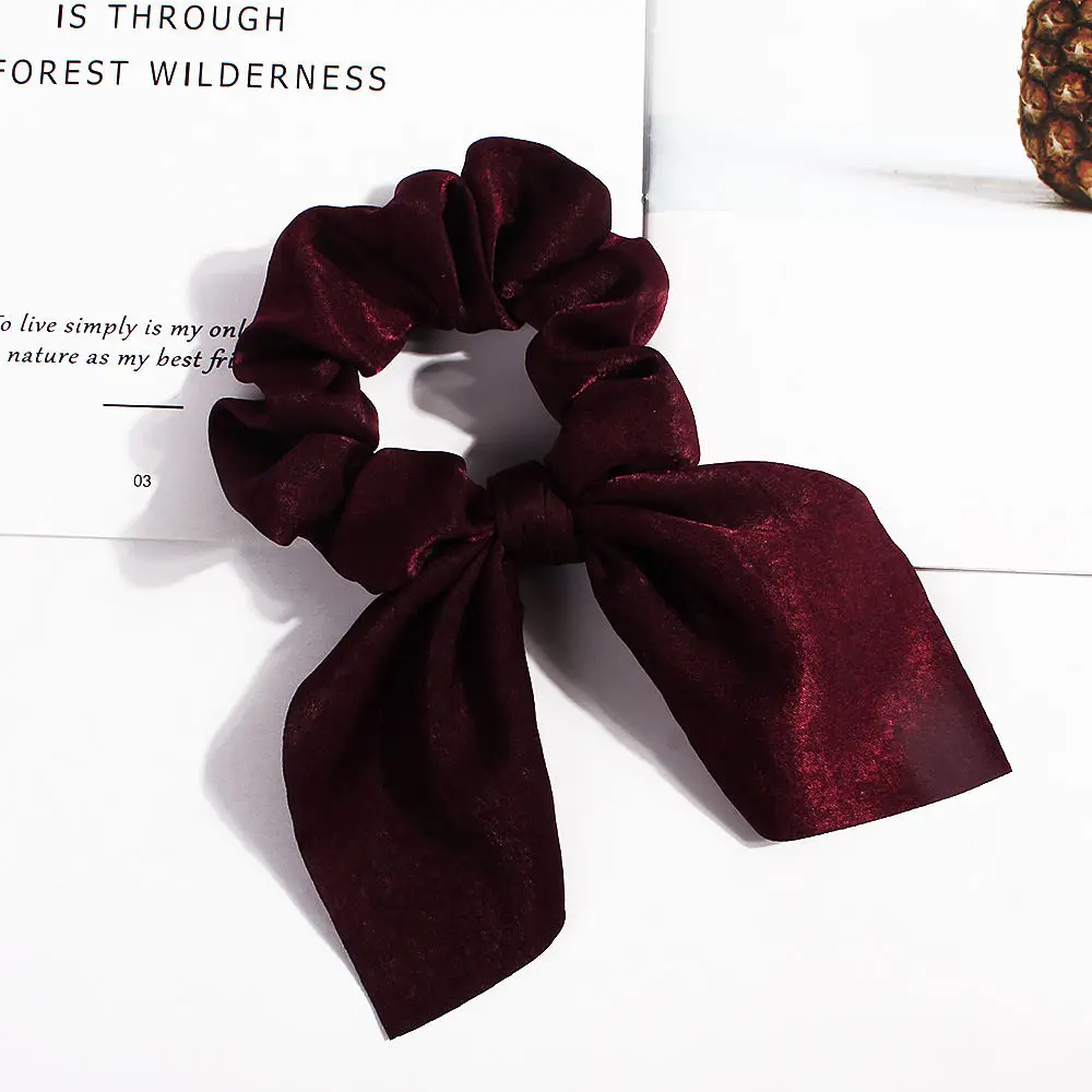 A-wine red Pure Color Elastic Hair Band Rabbit Ear Bow Pearl Hair Rope Satin Ponytail Scrunchie Hair Tie For Women Headband Hair Accessorie - Цвет: A-wine red