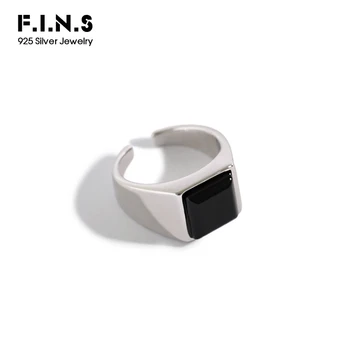 

F.I.N.S Korean Simple S925 Sterling Silver Ring Geometric Square Black Stone Joint Tail Ring Punk Minimalist Fine Jewelry