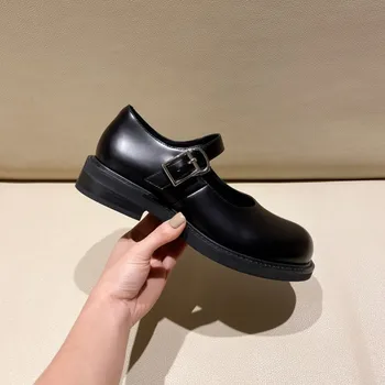

kmeioo high quality genuine leather shoes woman mary janes buckle strap block heels casual shoes round toe square toe heels