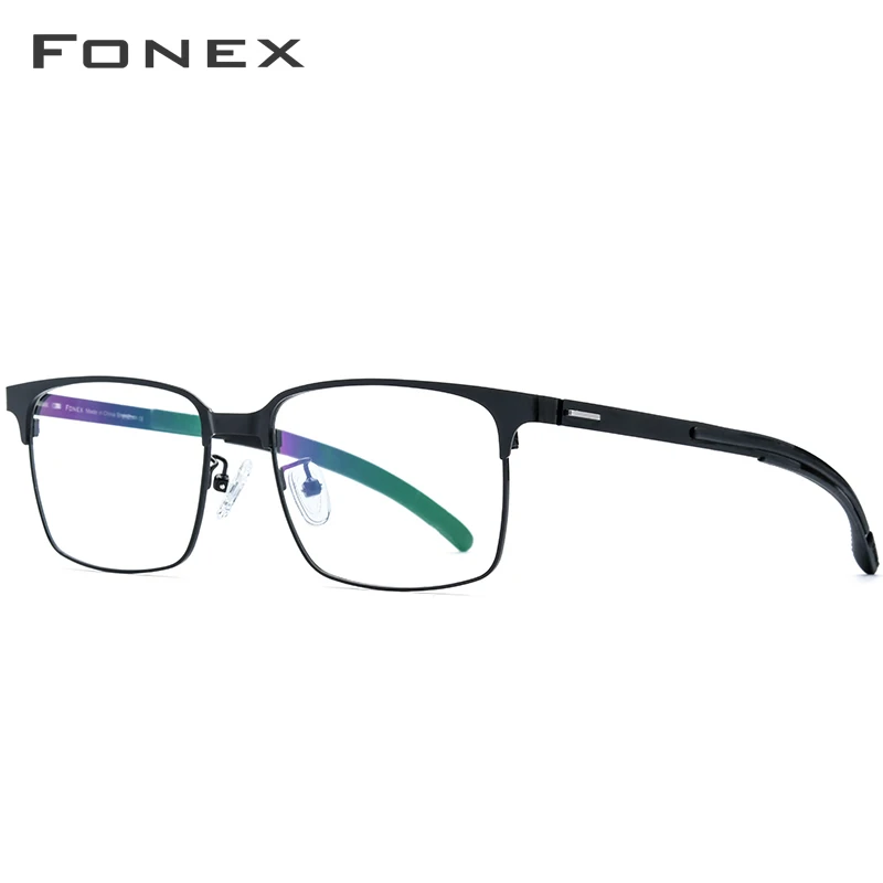FONEX оправы для очков из силиконового сплава, Мужские квадратные очки для близорукости по рецепту, новые металлические очки без винтов 989 - Цвет оправы: Черный