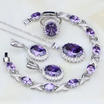 

925 Sterling Silver Jewelry Purple Cubic Zirconia White CZ Jewelry Sets For Women Party Earrings/Pendant/Necklace/Bracelet/Ring
