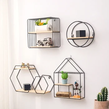 

Nordic Style Metal Wood Rack Shelf Geometric Shelves Living Room Storage Rack Wall Hanging Book Display Shelf Home Decor Rack