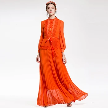 

Women Lace Small Stand Collar Pleated Dress Lady Runway Dress Women Floor Long Dress