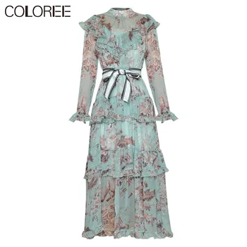 

New Runway Dress Designers 2020 Spring Autumn Vintage Ruffles Long Sleeve Chiffon Printed Long Dresses For Women Boho Dress