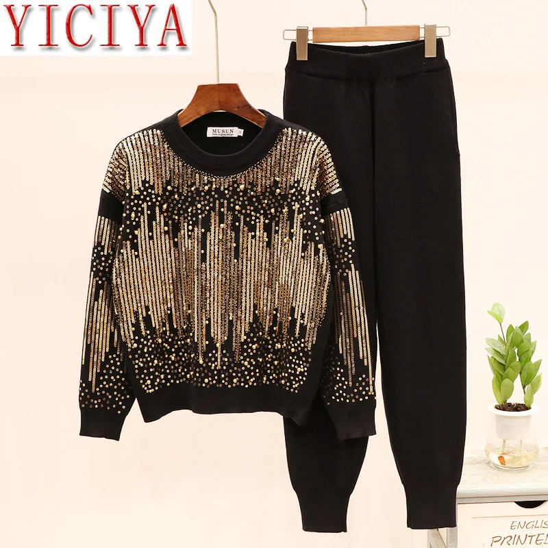 

2 Piece Set Knitted Sweater Kniited Women Outfits Sequined Long-sleeved Sweater Casual Trousers Suit Winter Black Clothing