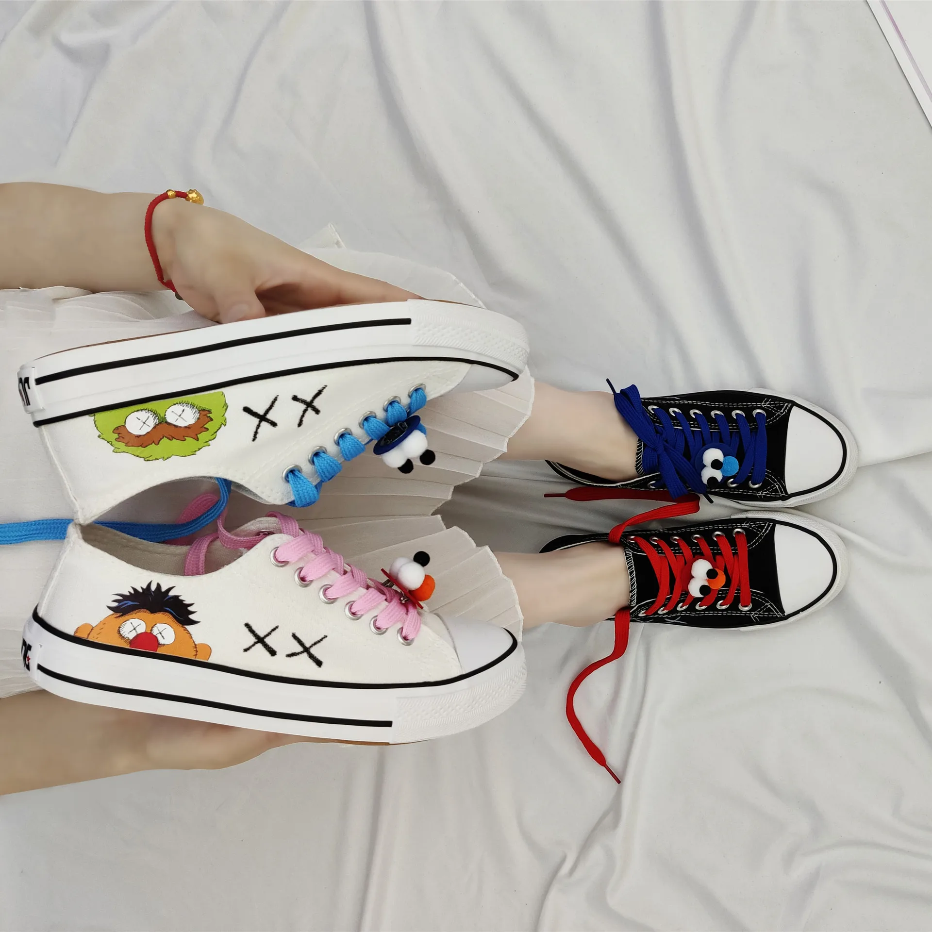 

Shoes 2019 Autumn New Style Korean-style Students Mixed Colors Lace-up Low Top with Big Eye Cartoon Sesame Street Canvas Shoes W