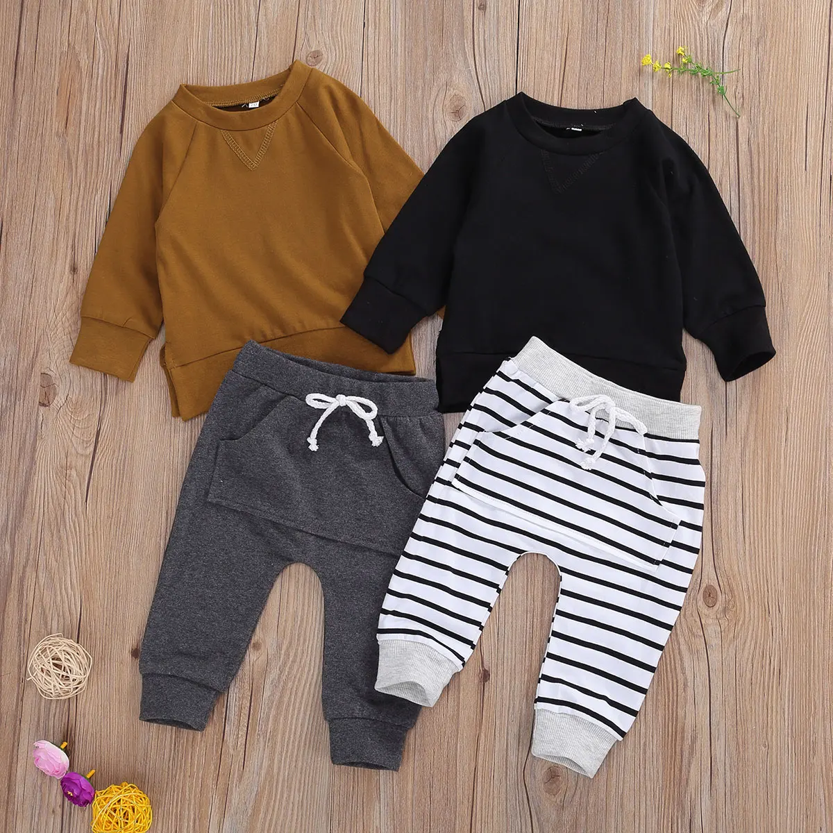 2020 Autumn Newborn 0-24M Casual Baby Boy Clothing Soft Cotton Solid Color Long Sleeve Top Sweatshirt+Striped Harem Pants 2pcs | Детская
