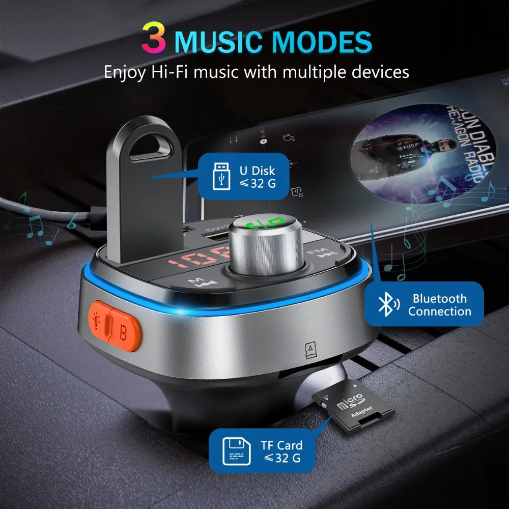 VicTsing 7 цветов светодиодный Bluetooth fm-передатчик для автомобиля глубокий бас PD3.0 Быстрая зарядка 3 USB порта Bluetooth V5.0 передатчик