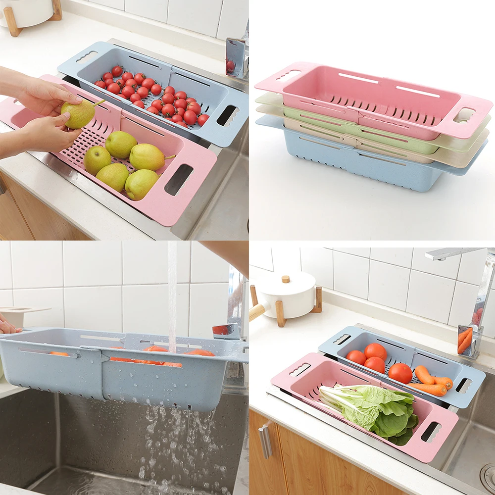 

1pcs Creative Retractable Adjustment Sink Wash Fruit And Vegetable Basket Kitchen Storage Drain Basket Save Space