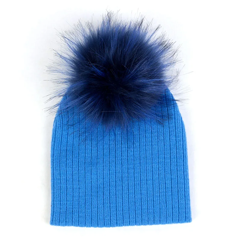 Модные мягкие ребристые хлопковые шапки-бини, шапки с помпон с искуственным мехом для новорожденных девочек и мальчиков, осенне-зимние детские шапки - Цвет: Dark Blue3