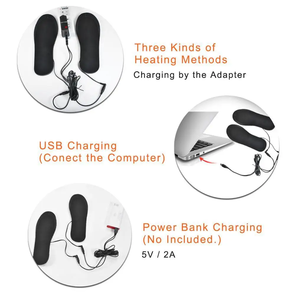 1 Pair USB Heated Insoles Cutable Size Foot Warming Pad Feet Warmer Sock Mat Outdoor Sport Heating Shoe Winter Warm Soft Cotton