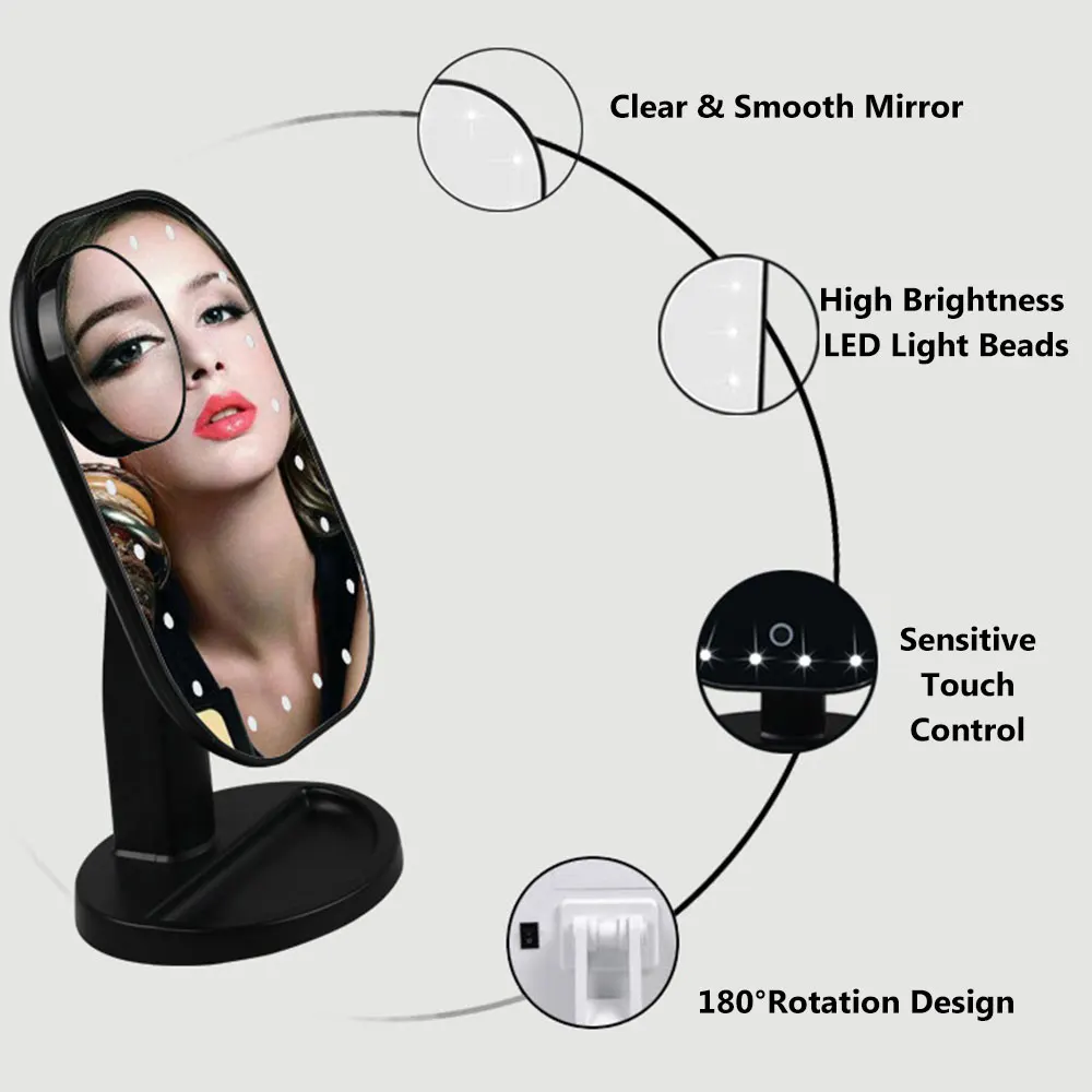 Зеркало для макияжа с светодиодный светильник Настольный 10x увеличительное 20 светодиодный s косметическое настольное зеркало с сенсорным выключателем