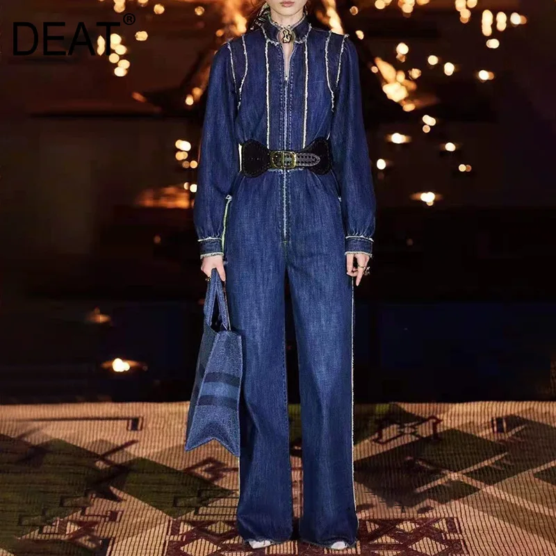

DEAT 2020 new spring turn-down collar full sleeves lantern styles striped zippers high waist full length jumpsuit WK26205L