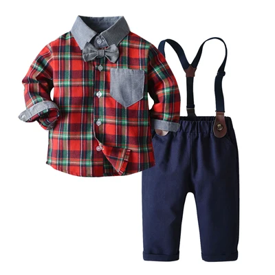 red Baby Formal Set Little Boys Clothes Outfits Long Sleeve Shirt+ Belt Pants 4 Piece Children Gentleman Clothes Suit - Цвет: red