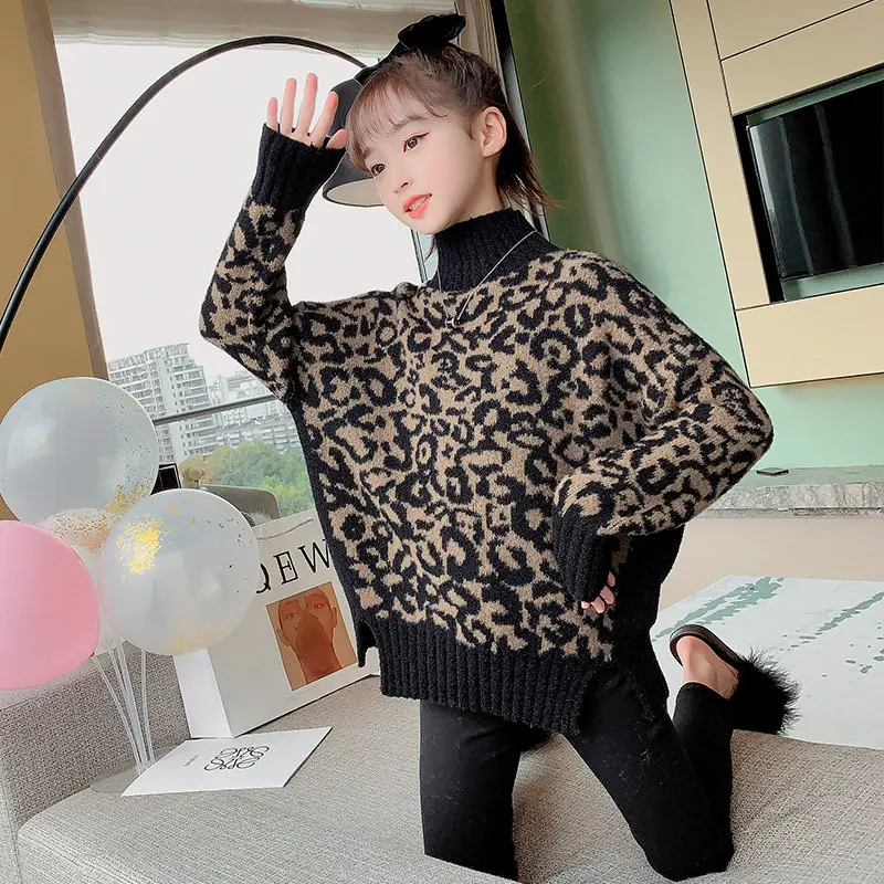 Baby Girls Leopard Print Turtleneck Sweater New Autumn Winter