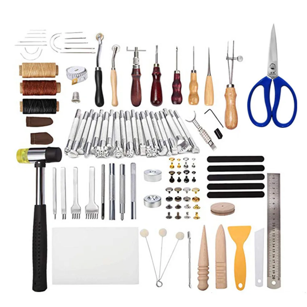 

EU Stock 194PCS Leather Craft Stamping Tools with Cutting Mat Snaps and Rivets Kit Stitching Groover Prong Punch Leather Working