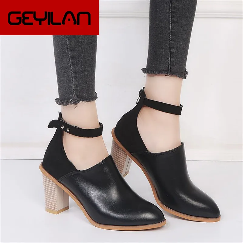 

Leather High heels Pointed pumps women shoes 2019 Spring Autumn shoes women Square heel Gladiator Zipper Patchwork female shoes