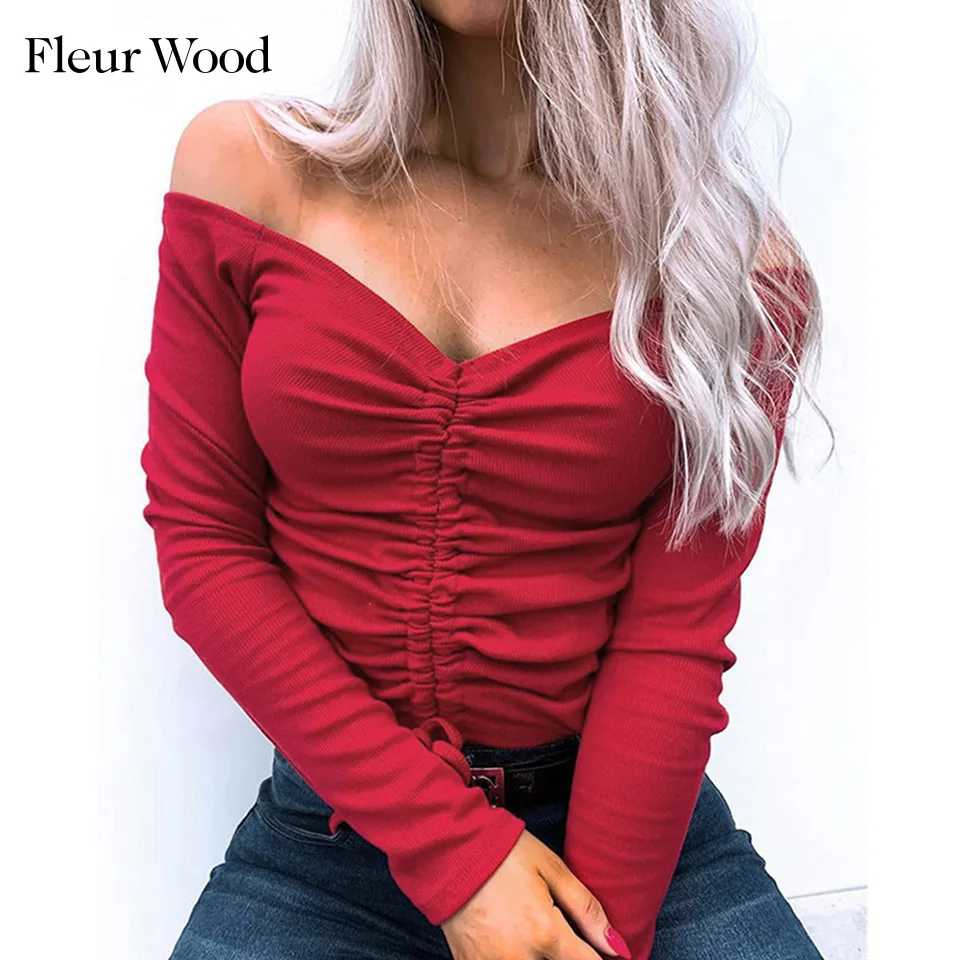 

Fleur Wood Long Sleeve Blouses Crop Milkmaid Top Sexy V-Neck Blouse Spring Autumn Plus Size Solid Womens Tops and Blouses ropa