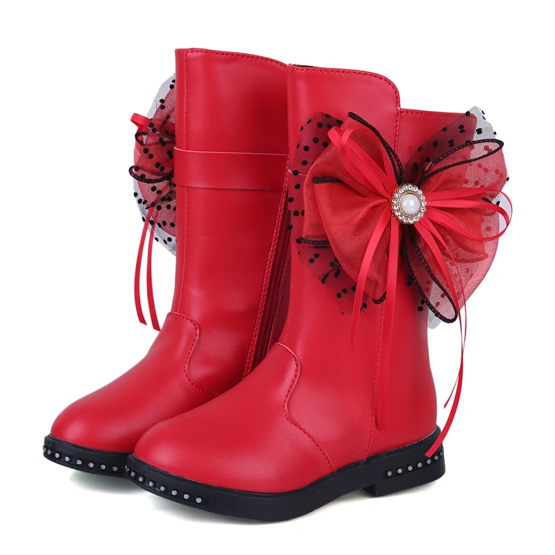 

2019 Girls PU Leather Mid-Calf Snow Boots with Big Bot-tie , Pearls & Rhinestone, Kids Lovely Winter Shoes with Plush, size27-37