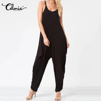 

Celmia Vintage Women Knitted Jumpsuits Sexy Spaghetti Strap Sleeveless Romper Casual Bagyy Drop-Crotch Harem Pants Plus Size 5XL