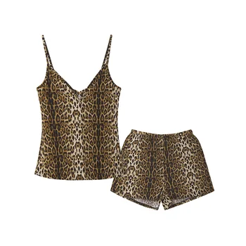 

Sexy Leopard Print Camis Tops Shorts Two Piece Sets Women Nightwear Set Summer 2020 Elegant V-Neck Sleeveless Sleepwear Suits