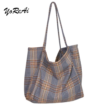 

YoReAi Korean Fashion Handbag Simple Large Capacity Handbags Wool Totes Plaid Shoulder Bag Female Vintage Wild Bags