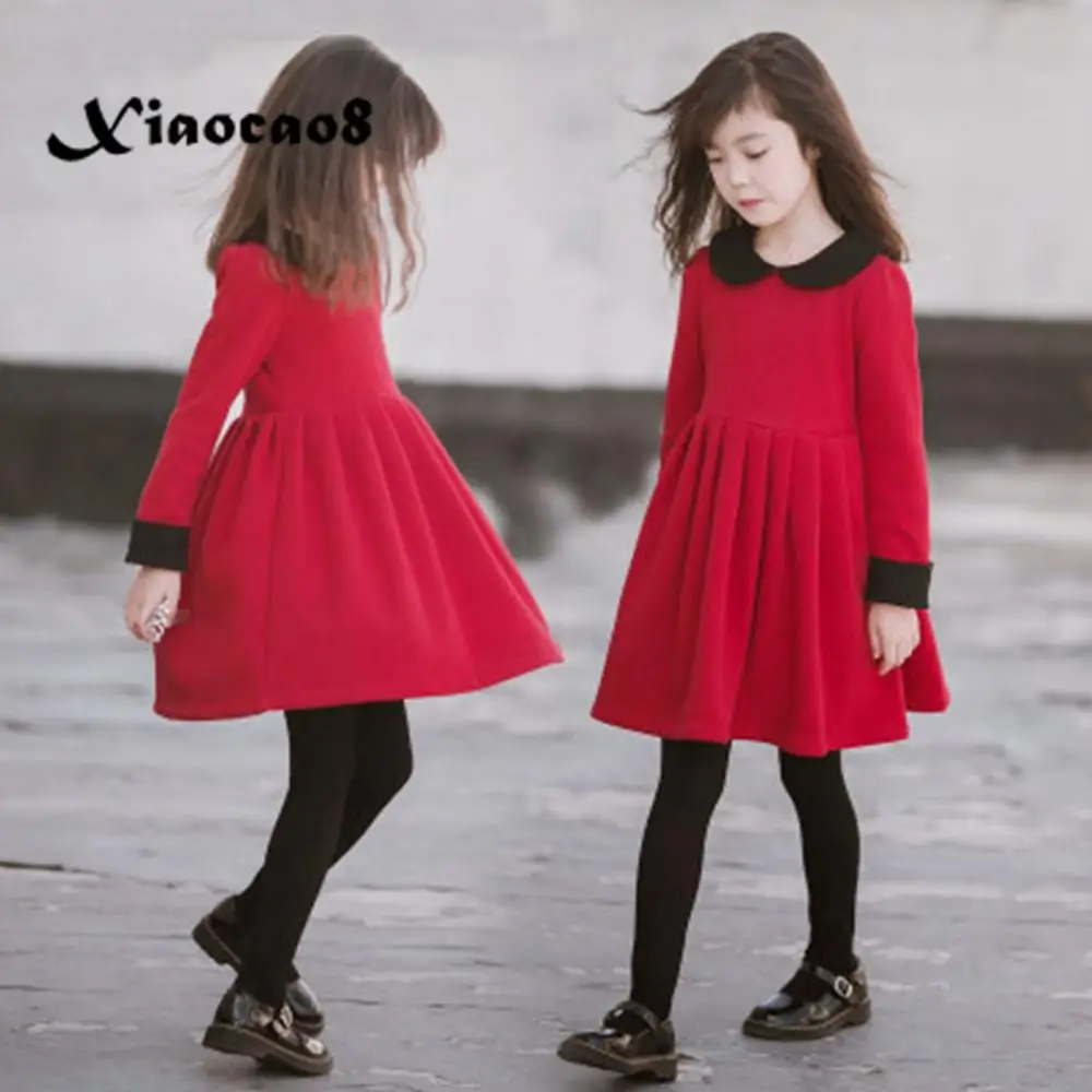 

Winter girls princess dress children's long sleeve dresses big girls clothing Autumn 4~15 Year girl cute red velvet party dress