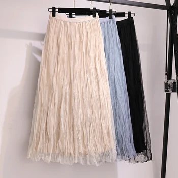 

COIGARSAM 4XL Plus Size Women Skirt Spring Summer Pleated High Waist Mesh Skirts Sky Blue Black Apricot 8812
