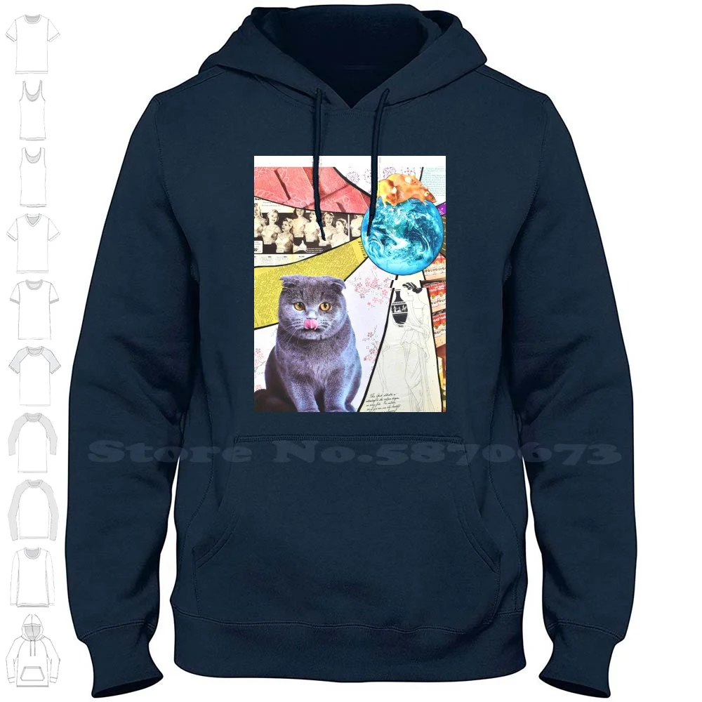 Scozzese Fold Cat In A World A Righe Da Topi-Trippy Mixed Media Collage Felpa Con Cappuccio A Maniche Lunghe Cat Scottish Fold Russian